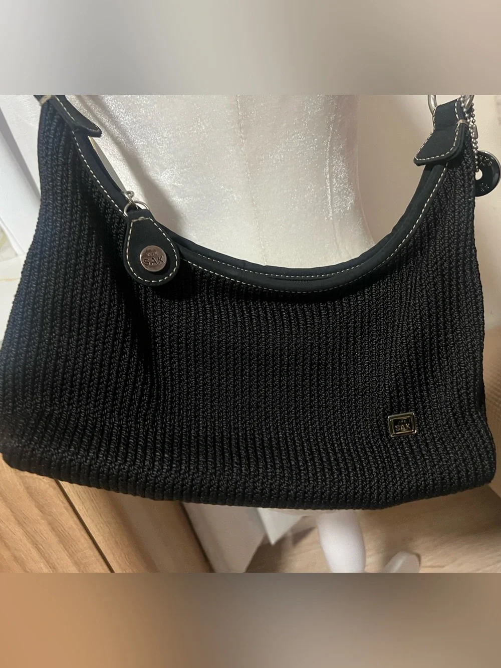 The Sak Black Crochet Knit Shoulder Hobo Bag Adjustable Strap Boho Classic